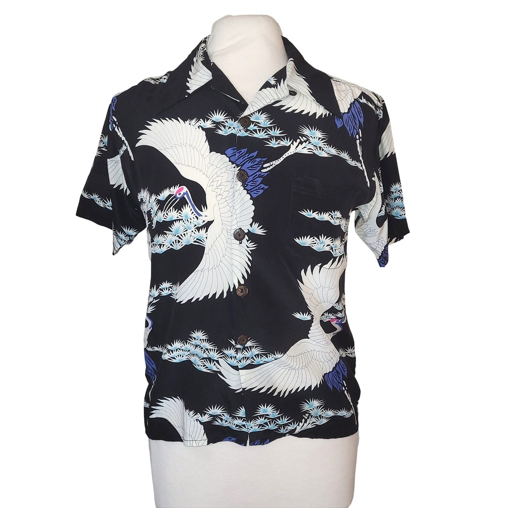 VTG Avanti Black White Japanese Crane Print 100% Silk Hawaiian Shirt  Petite